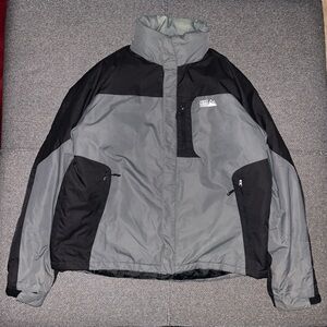 Vintage First Down Gray and Black Outdoor Ski Jacket with packable Hood